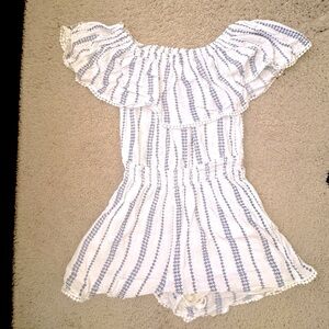 LULUS White and Blue Romper with cute ruffle detail!